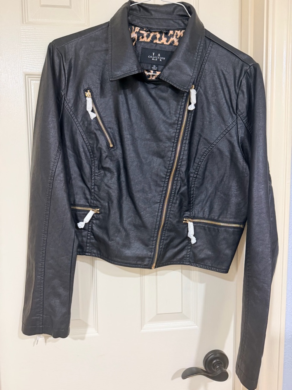 Coalition Cropped Faux Leather Moto Jacket – Leopard Lined – Size XL NWOT